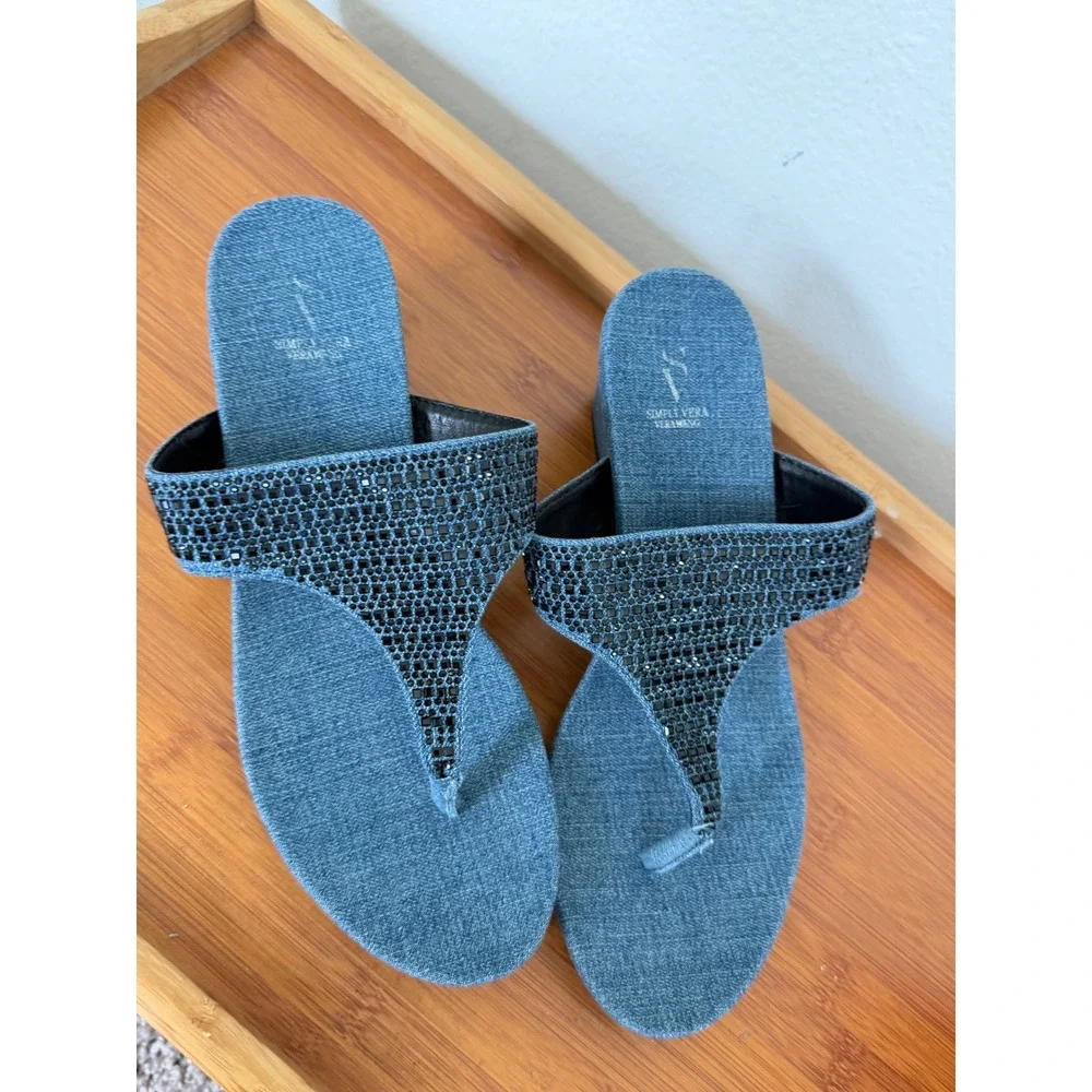Simply Vera Vera Wang Blue Denim Rhinestone Wedge Sandals Slides Womens 8.5 M